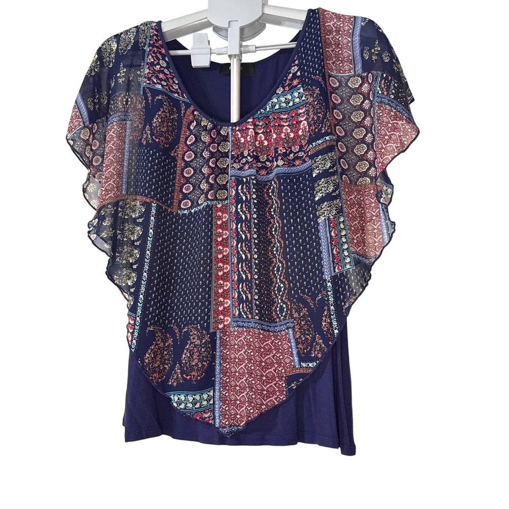 NAÏF Women Navy Blue Patchwork Paisley Layered Chiffon Flutter Sleeve Top Large